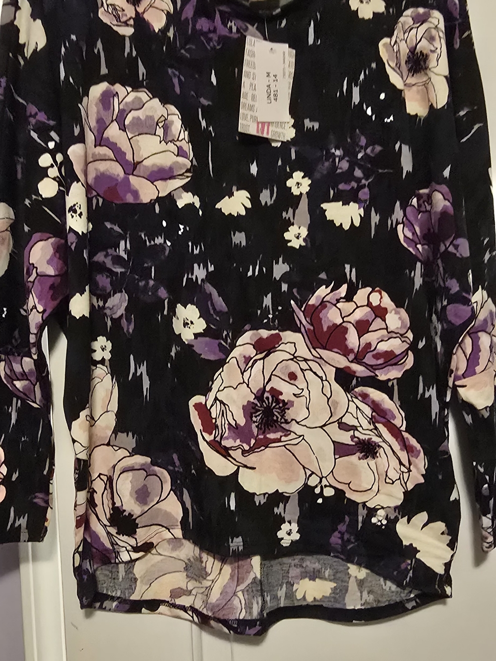 LuLaRoe Black Long-Sleeve Top with Purple & Cream Floral Print